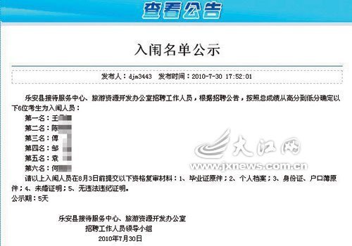 網上公示入圍名單（截圖）