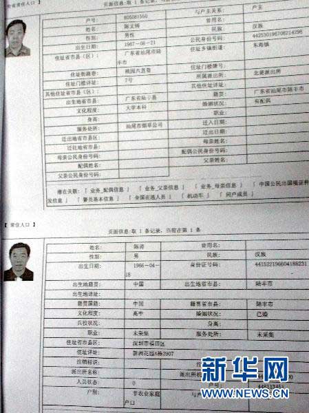 這是廣東省汕尾市煙草局長陳文鑄兩個(gè)戶口的詳細(xì)資料（1月21日攝）。新華社記者 劉大江 攝