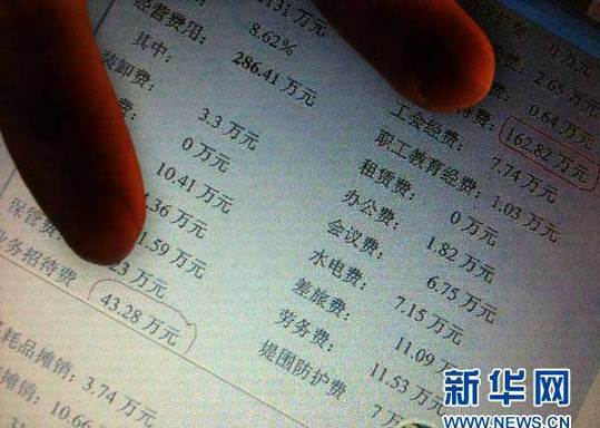 2011年1月13日 “最牛煙草局長”的家族聯(lián)絡(luò)圖網(wǎng)絡(luò)帖子上列出了汕尾煙草公司2010年3月的支出明細(xì)，其中當(dāng)月兩項(xiàng)業(yè)務(wù)招待費(fèi)合計(jì)為206．1萬元（2010年12月30日攝）。新華社記者 盧漢欣 攝