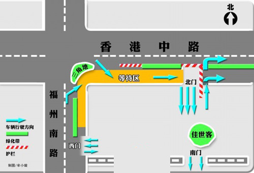 青島佳世客開(kāi)設(shè)等待區(qū) 北門外設(shè)護(hù)欄南門只出不進(jìn)