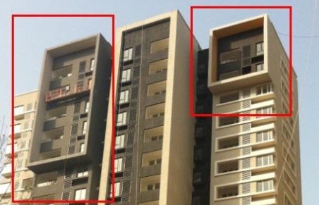 紅圈處為萬科城住宅設(shè)計的凸出建筑“方框”墻，擋住了多處住房的光線