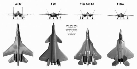 資料圖：殲-20戰(zhàn)機與蘇-27、T-50、F-22A對比圖。