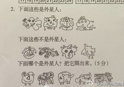 日前，一道被網友們稱為神一樣的數(shù)學題，在多個家長QQ群里輪番考驗著家長的智商。家長們在做一道“誰是外星人”的題目后，得出的結論是，出題的人是外星人。